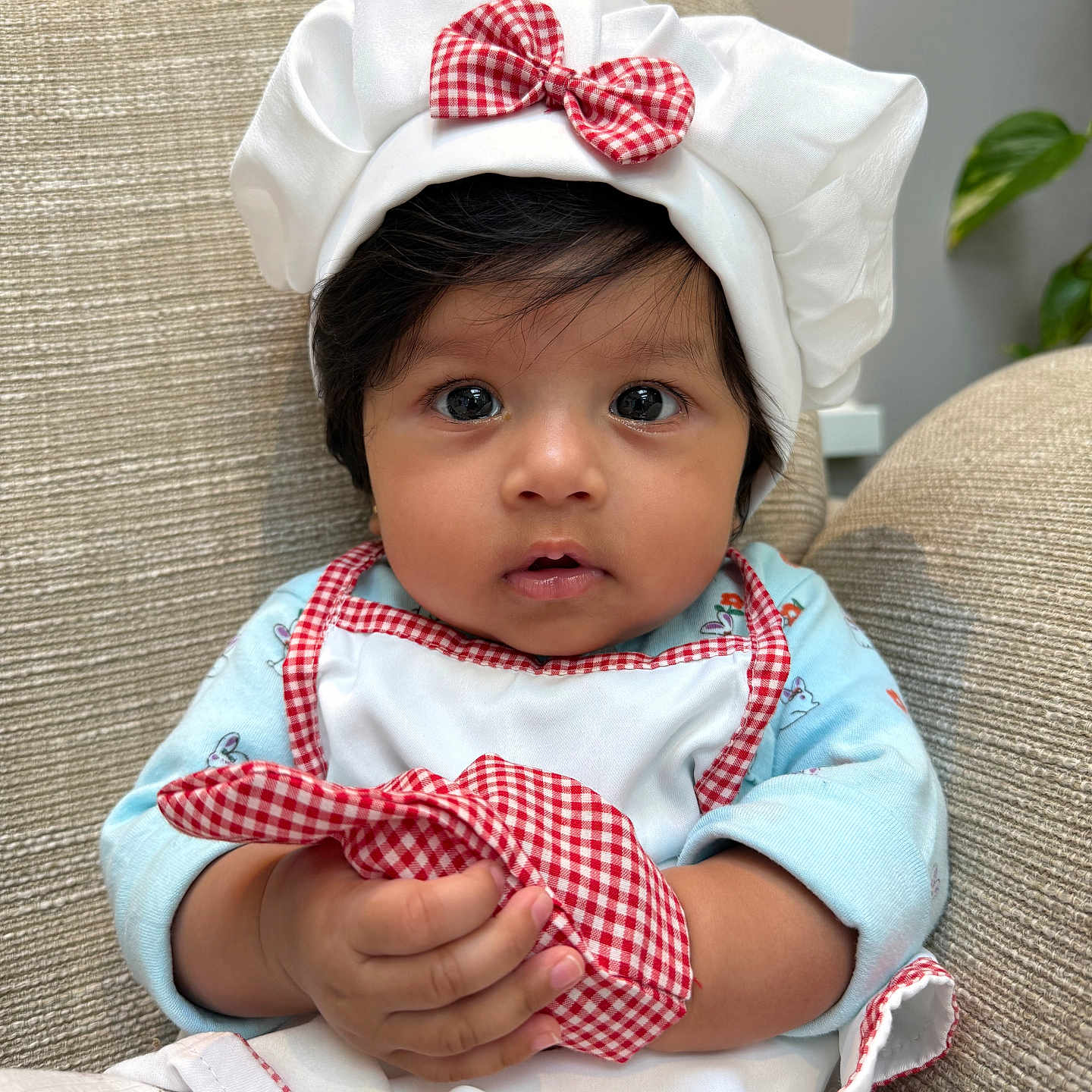 Amaira is registered to the contest to win money with this photo: apron, baby, beige_chair, chef_hat, child, clothing, curious_eyes, cute, expression, face, furniture, gingham, hand, holding, indoor, infant, portrait, red_bow, seated, soft_light