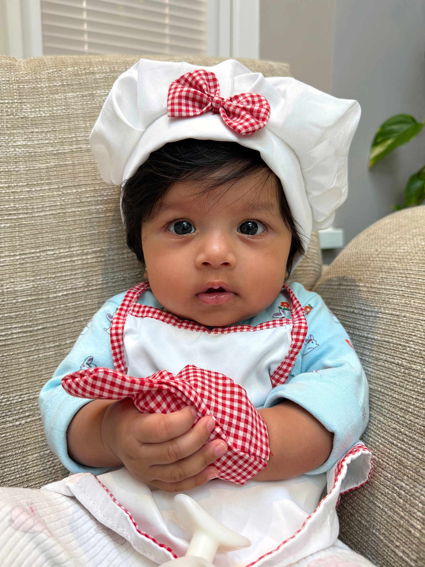 Amaira is registered to the contest to win money with this photo: baby, child, chef_hat, apron, gingham, red_bow, cute, curious_eyes, indoor, seated, hand, clothing, portrait, furniture, beige_chair, soft_light, infant, face, expression, holding