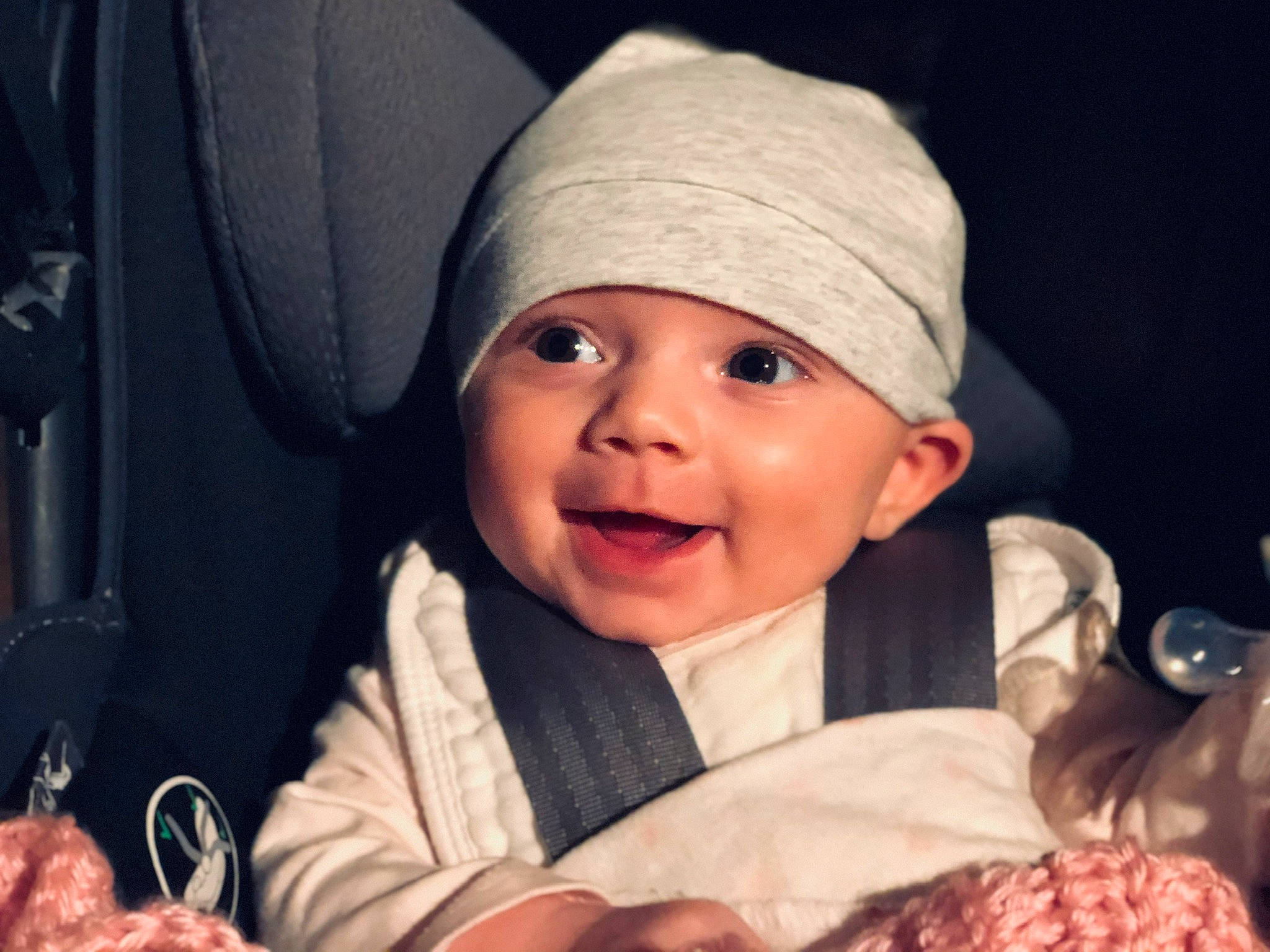 Aleena joined the competition — help win amazing prizes! baby, beanie, bonnet, child, facial_expression, happy, headgear, headwear, laugh, person, smile, toddler