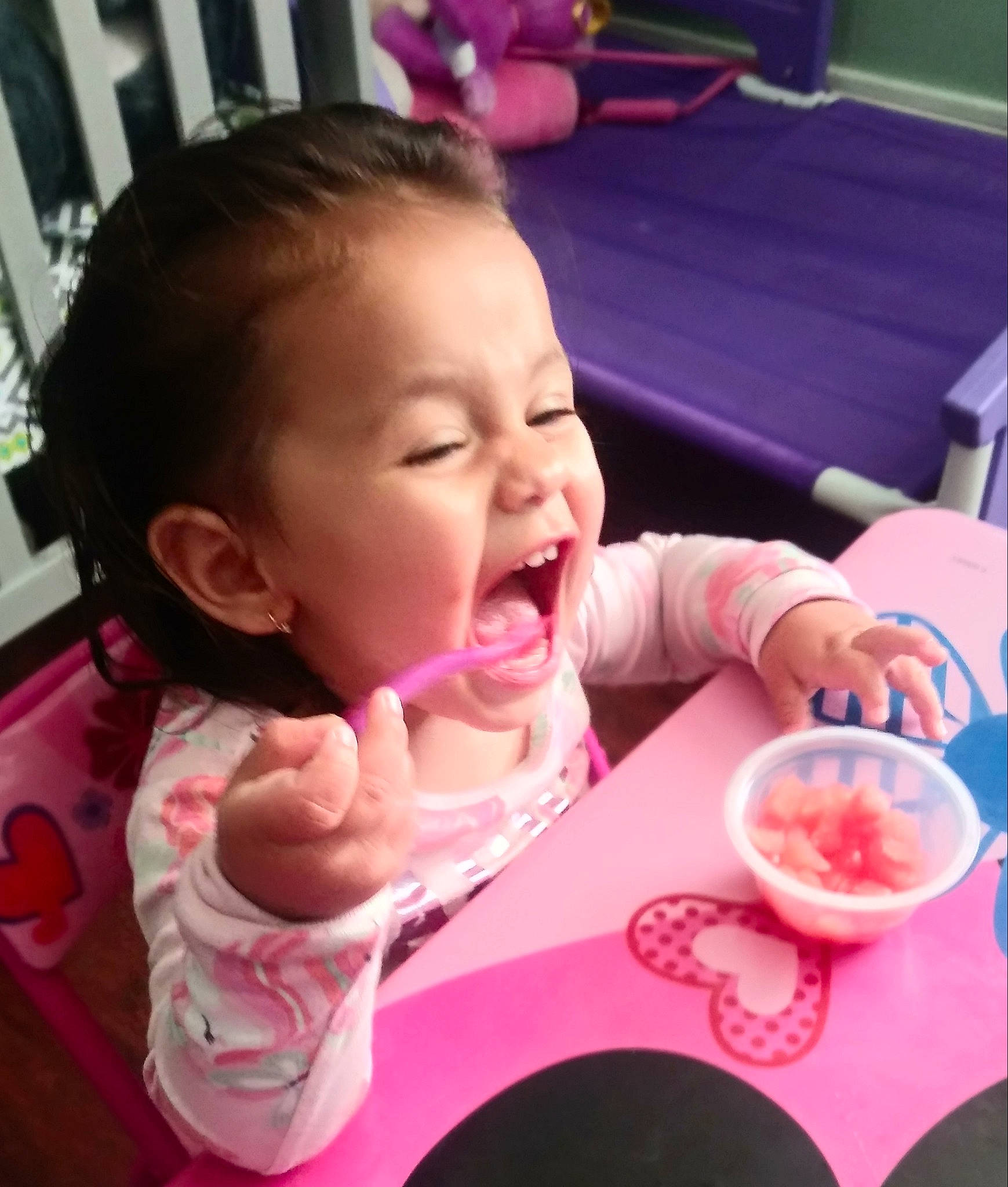 Giselle joined the competition — help win amazing prizes! baby, baby_food, baby_playing_with_food, baby_toddler_clothing, cheek, child, cuisine, dish, dishware, eating, eyelash, hair_accessory, organ, person, pink, spoon, sweetness, taste, toddler, tongue