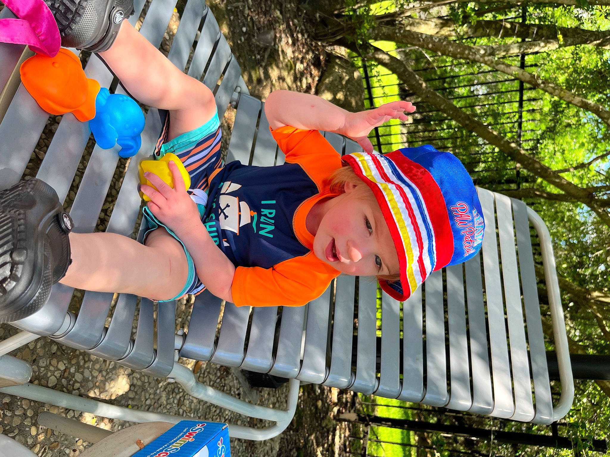 Cody is registered to the contest to win money with this photo: child, costume, electric_blue, fictional_character, fun, grass, happy, hat, headwear, leisure, person, personal_protective_equipment, play, recreation, shorts, sneakers, t_shirt, toddler, tree, vacation