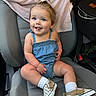 toddler, child, baby, blue_eyes, denim_romper, socks, checkered_shoes, car_seat, blanket, bag, cute, smiling, tongue_out, indoor, seatbelt, clothing, person, portrait, happy, playful