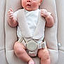 James joined the competition — help win amazing prizes! baby, infant, child, seat, baby_seat, safety_harness, cushion, white_clothing, barefoot, indoor, cute, chubby, skin, face, expression, raised_hands, warning_label, fabric, closeup, portrait