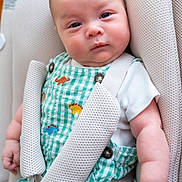 James is registered to the contest to win money with this photo: baby, infant, car_seat, safety_harness, green_overalls, dinosaur_pattern, white_shirt, cute, chubby_cheeks, face, eyes, arm, hand, fabric_texture, button, child, portrait, indoors, seat_belt, soft_lighting