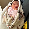 newborn, baby, blanket, sleeping, wrapped, soft, fluffy, animal_print, hospital, visitor_pass, pink_clothing, face, peaceful, infant, resting, closeup, indoor, cute, child, portrait