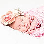 baby, sleeping, pink, flower_headband, blanket, lace, newborn, infant, soft, cozy, portrait, cute, peaceful, skin, hand, rest, closeup, face, sleep, child