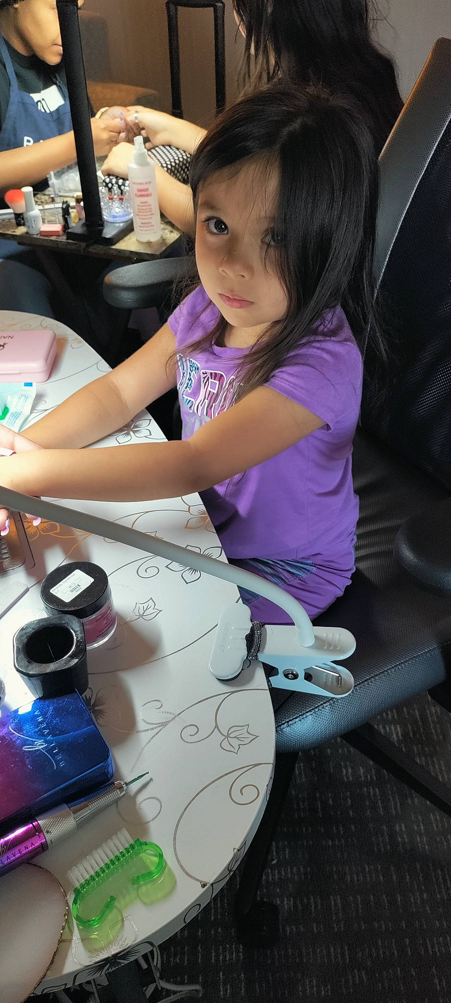 Cheyenne joined the competition — help win amazing prizes! automotive_design, bangs, beauty, chair, child, cup, desk, drinkware, fun, gadget, human_leg, leisure, magenta, nail, person, pink, purple, t_shirt, table, thigh