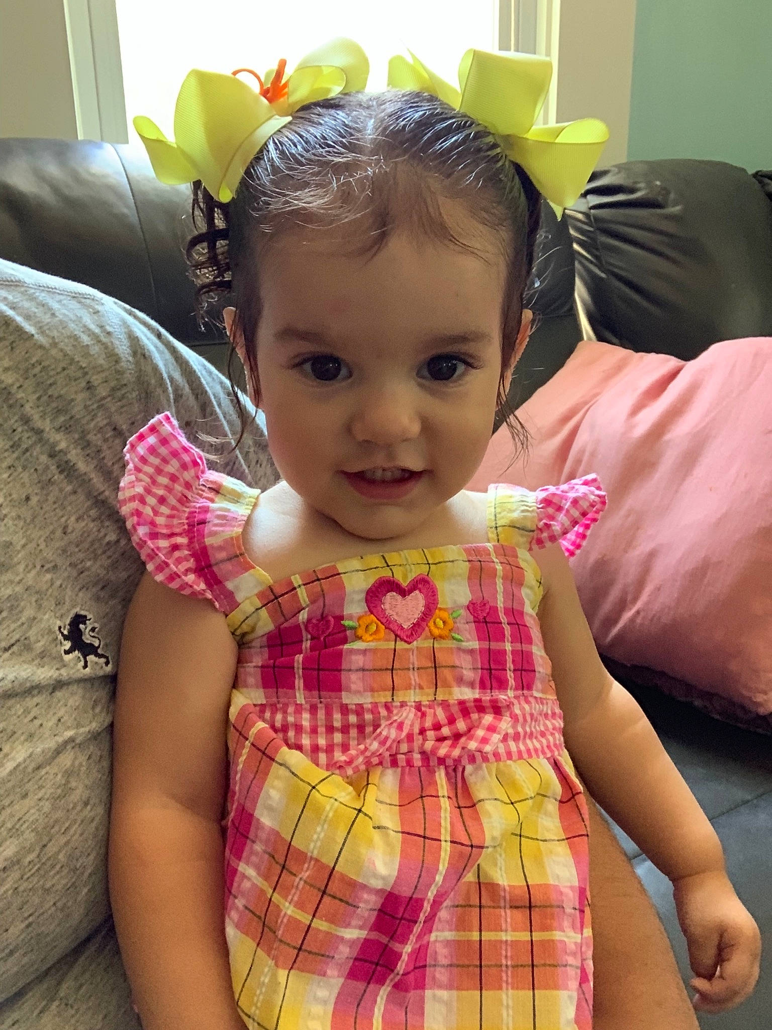 Briella Rose joined the competition — help win amazing prizes! baby, baby_toddler_clothing, cheek, child, ear, hair_accessory, head, headband, pattern, person, pink, plaid, skin, textile, toddler