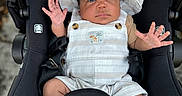 Yamir is registered to the contest to win money with this photo: baby, car_seat, child, clothing, cute, expression, face, foot, hand, hat, infant, newborn, outdoor, overalls, person, portrait, safety, seatbelt, stripes, sun_hat