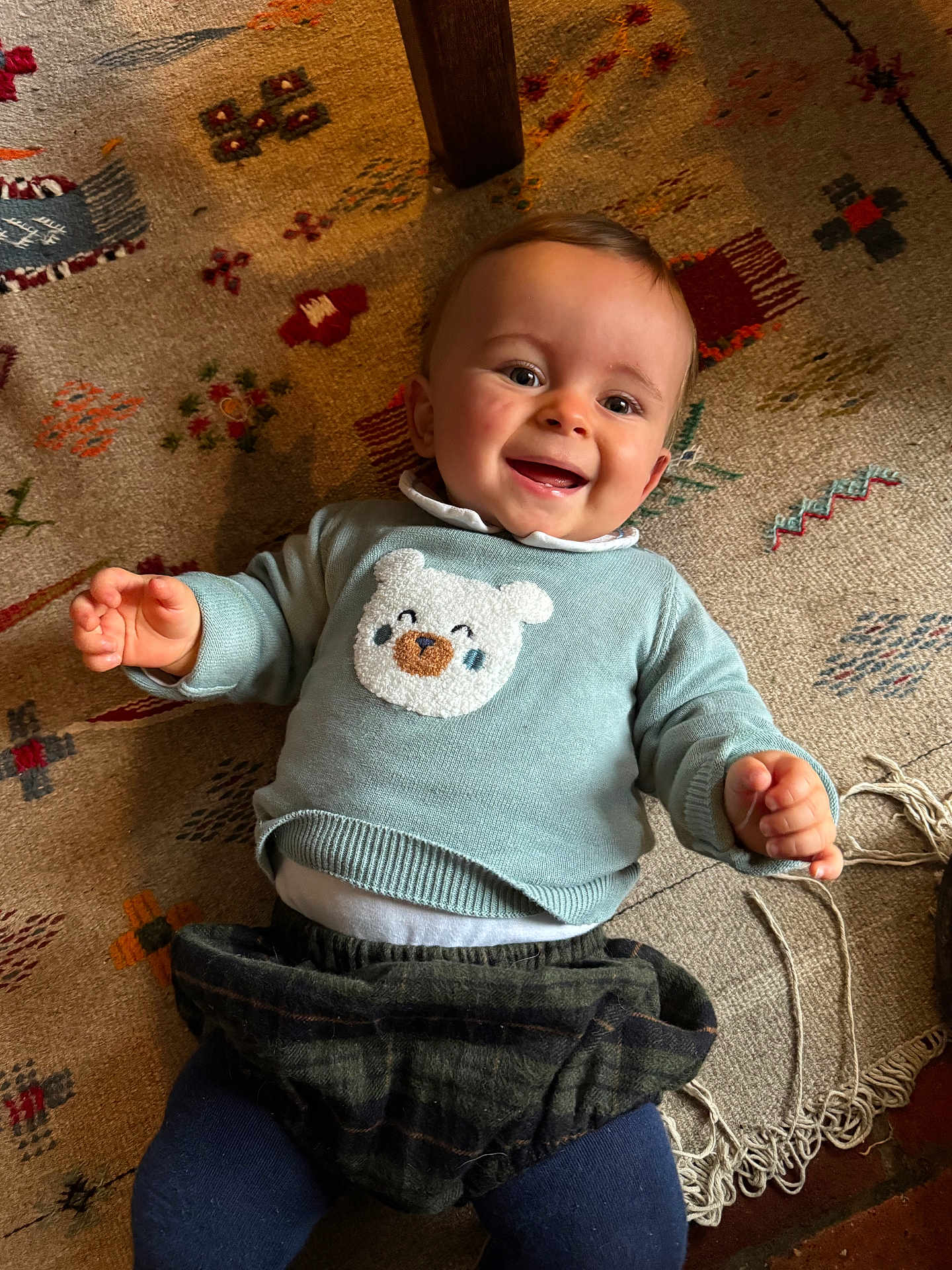 Arnould participe au concours pour gagner de l'argent avec cette photo : baby, child, smiling, sweater, bear_design, rug, floor, hands, face, happy, indoor, clothing, patterned_rug, cute, person, infant, blue_tights, cozy, playing, lying_down