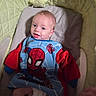 Hayden joined the competition — help win amazing prizes! baby, infant, crib, spiderman, clothing, smile, child, cute, bed, blanket, red, blue, padded, face, person, young, happy, indoors, soft, toy