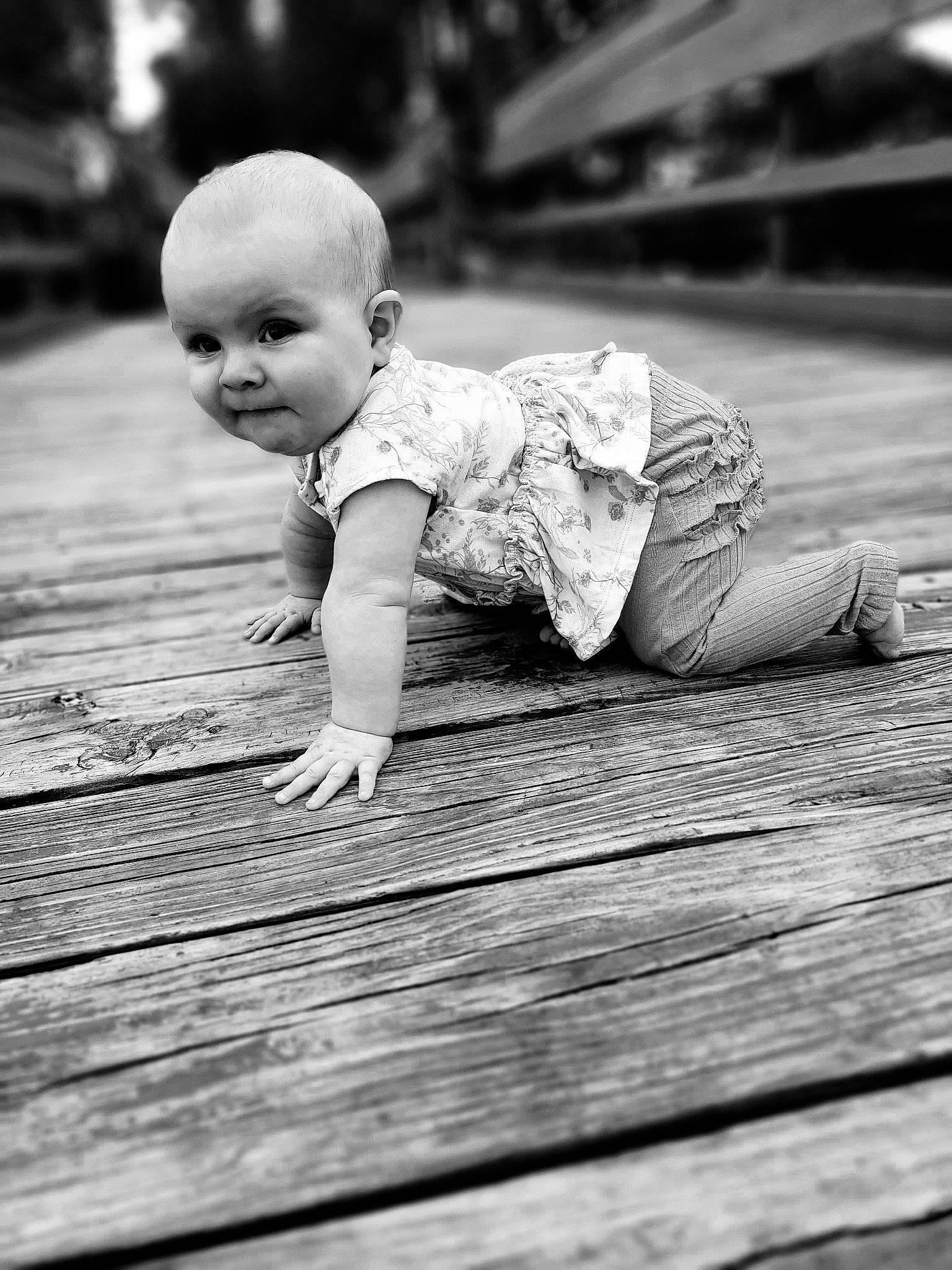 Estella joined the competition — help win amazing prizes! arm, baby, black, black_and_white, flash_photography, floor, flooring, grass, happy, head, human_body, leg, monochrome, people_in_nature, person, skin, smile, standing, style, toddler