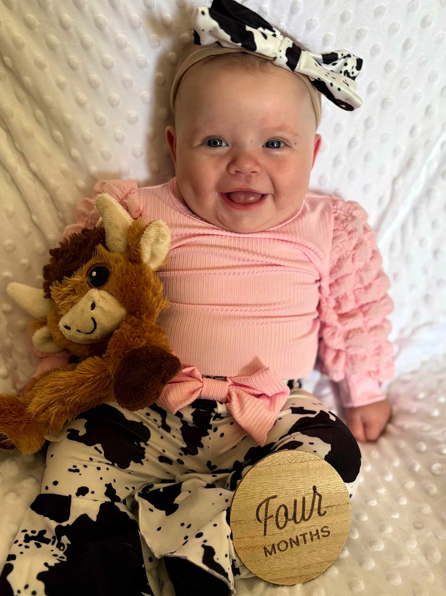 Juliana joined the competition — help win amazing prizes! baby, infant, smile, pink_clothing, ruffled_sleeves, cow_print, headband, bow, plush_toy, triceratops, wooden_sign, four_months, milestone, sitting, white_blanket, happy, cute, portrait, child, indoors