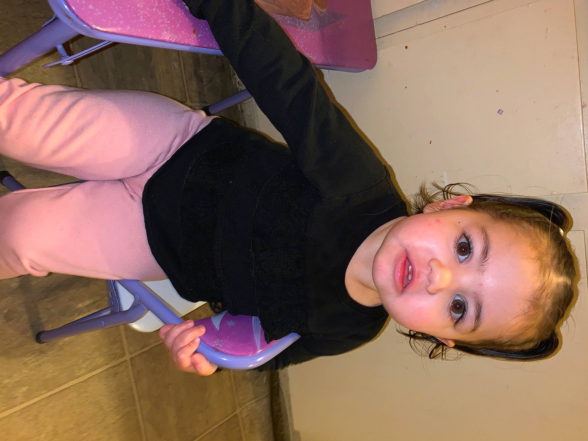 Adalynn joined the competition — help win amazing prizes! arm, flooring, fun, happy, human_leg, joint, knee, lap, leg, magenta, person, room, sitting, smile, sock, thigh, throat, toddler