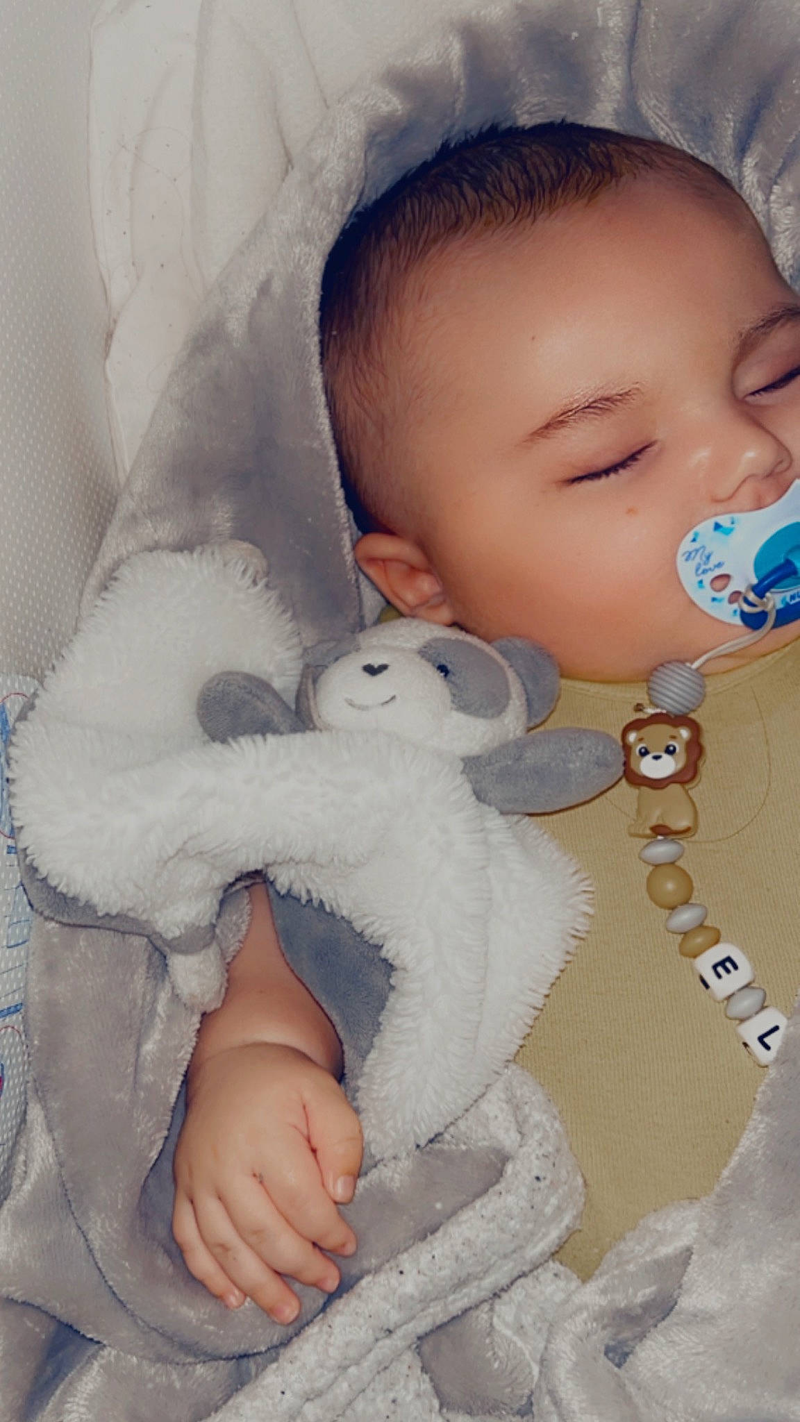 Elio participe au concours pour gagner de l'argent avec cette photo : baby, baby_sleeping, baby_toddler_clothing, blue, cheek, comfort, ear, eye, eyelash, finger, gesture, hand, human_body, iris, mouth, nose, person, skin, textile, toy