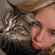 Cosmo is registered to the contest to win money with this photo: affection, animal, calm, cat, closeup, companionship, cute, face, fur, hair, indoor, nose_ring, person, pet, portrait, snuggling, soft_lighting, tabby_cat, warm_tones, whiskers