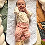 baby, infant, smile, lying, quilted_pad, pink_pants, slippers, soft_toys, blanket, cozy, cute, happy, face, hand, footwear, child, indoors, play_area, cotton_clothing, infant_care