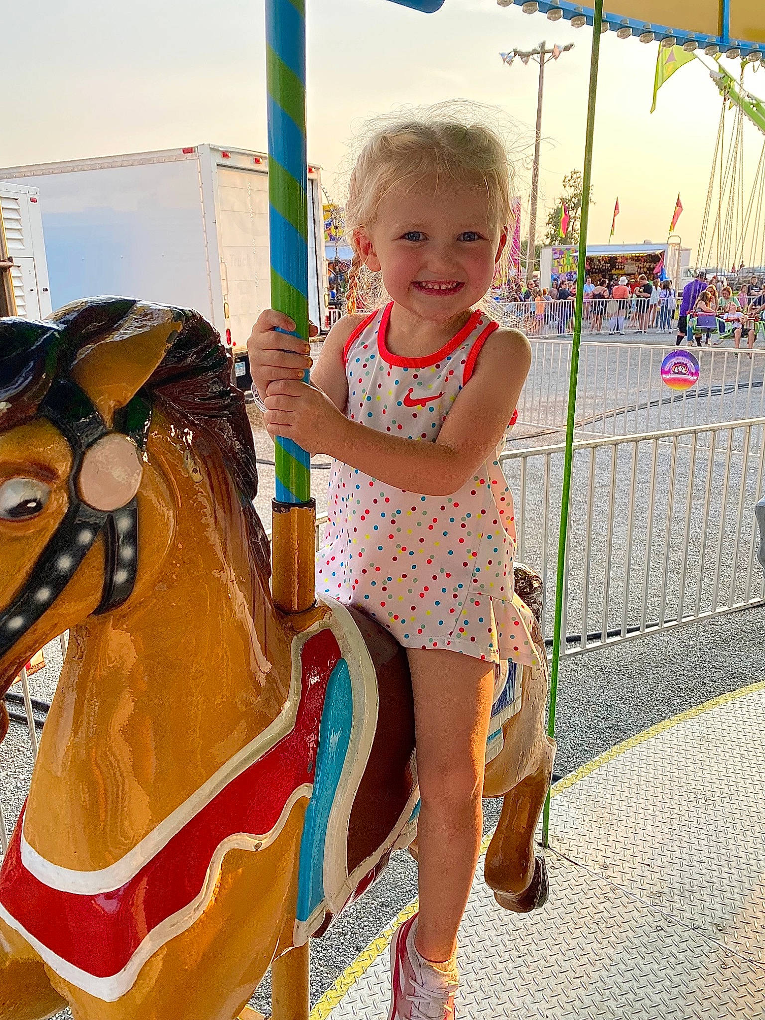 Addyson joined the competition — help win amazing prizes! bridle, carousel, child, city, event, fun, happy, horse, horse_supplies, horse_tack, joy, leisure, pattern, people, person, recreation, saddle, sky, smile, summer