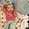 Nalani is registered to the contest to win money with this photo: baby, infant, child, headband, pink_shirt, mint_pants, blanket, floral_pattern, socks, lying_down, cute, indoors, soft_toys, cozy, curious_expression, wide_eyes, puckered_lips, fabric, portrait, comfortable