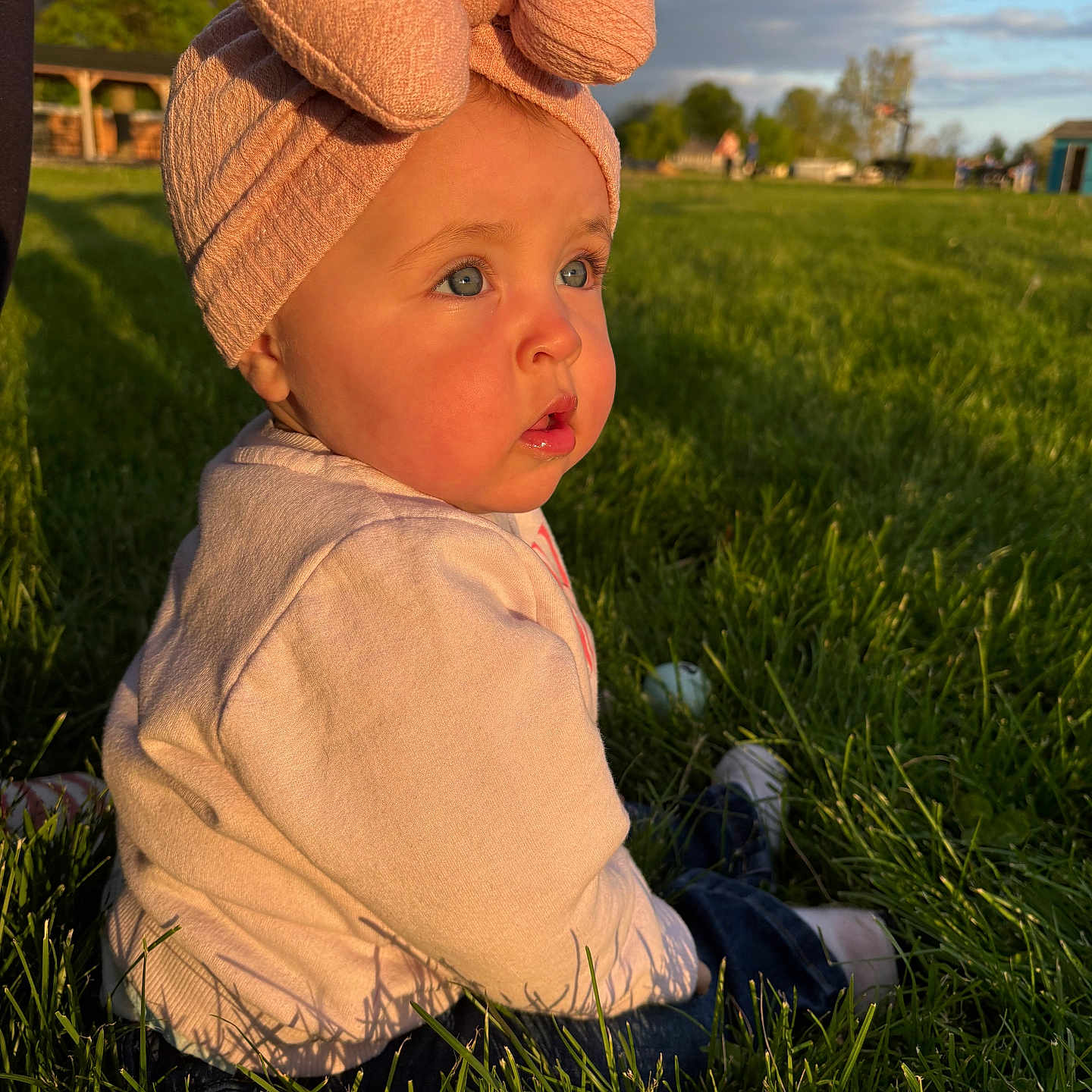 Harley Elizabeth is registered to the contest to win money with this photo: baby, blue_eyes, child, clothing, curious, cute, daytime, grass, headwrap, innocent, long_sleeves, nature, outdoor, park, person, pink_bow, portrait, rosy_cheeks, sitting, sunlight