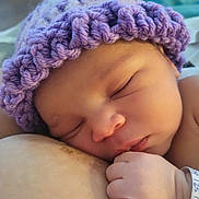 Aurora joined the competition — help win amazing prizes! baby, newborn, sleeping, hat, knitted_hat, purple, infant, skin, hand, fist, closeup, peaceful, rest, parent, bonding, cute, soft, portrait, indoors, quiet