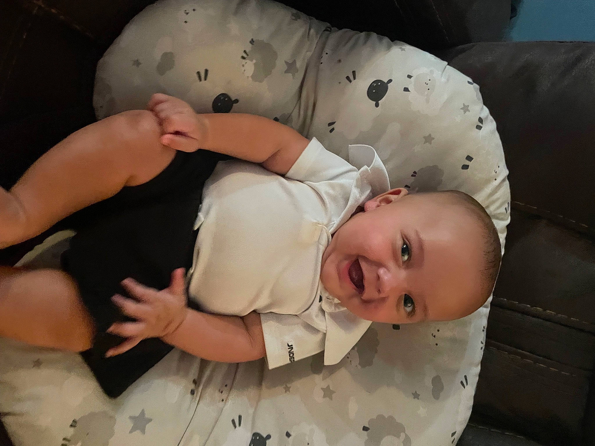 Jalen is registered to the contest to win money with this photo: baby, baby_products, baby_safety, baby_sleeping, baby_toddler_clothing, cheek, child, comfort, elbow, gesture, hand, human_body, leg, linens, mouth, person, skin, sleeve, smile, stomach