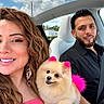 Paris joined the competition — help win amazing prizes! car, clouds, collar, dog, fluffy, human, man, outdoor, passengers, pet, pink_accessories, pomeranian, portrait, seatbelt, selfie, small_dog, smiling, sunny, vehicle, woman