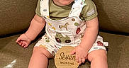 Colsen is registered to the contest to win money with this photo: baby, child, clothing, couch, cute, eyes, face, hand, happy, indoors, infant, light, overalls, person, sandals, shadow, sitting, skin, smiling, wooden_sign