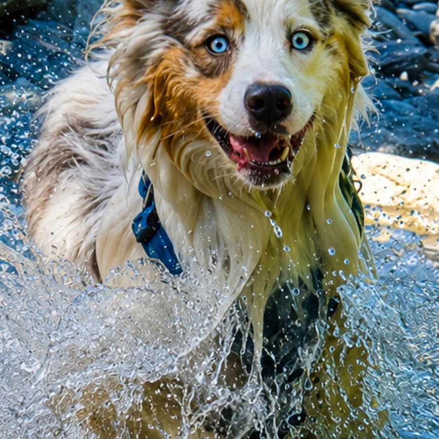 Akira participe au concours pour gagner de l'argent avec cette photo : dog, water, splash, blue_eyes, wet_fur, outdoor, rocks, nature, happy, playful, animal, canine, fur, running, energy, summer, daylight, excited, closeup, portrait