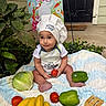 Milan joined the competition — help win amazing prizes! apron, avocado, baby, banana, blanket, cabbage, chef_hat, child, curious, cute, door, fruits, green_bell_pepper, outdoor, plant, playful, sitting, tomato, vegetables, wooden_spatula