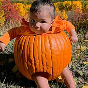 Ariyah joined the competition — help win amazing prizes! baby, child, pumpkin_costume, autumn, fall_foliage, mountains, snowy_peaks, outdoor, nature, landscape, orange, costume, portrait, sitting, infant, face, hair, smiling, grass, leaves