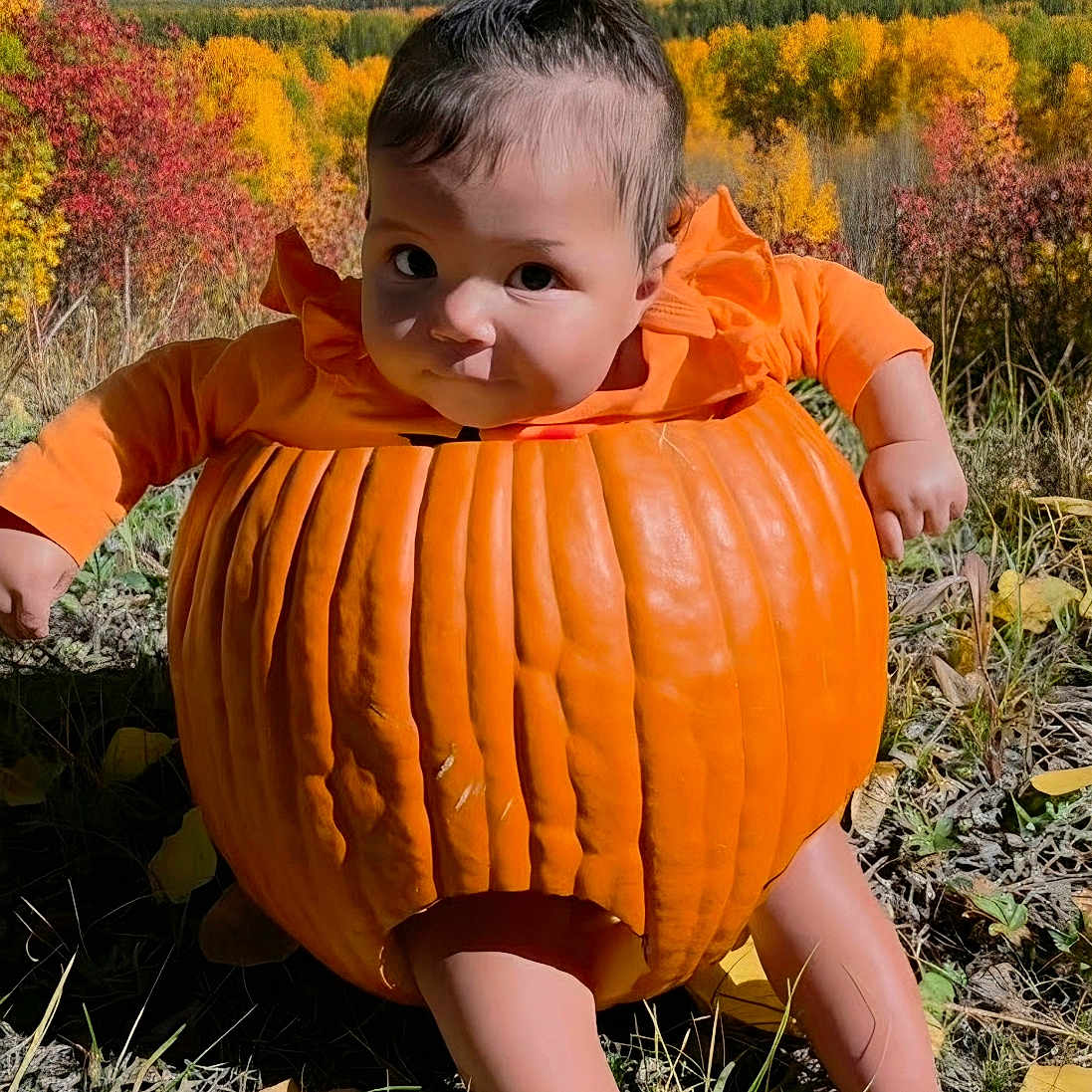 Ariyah joined the competition — help win amazing prizes! baby, child, pumpkin_costume, autumn, fall_foliage, mountains, snowy_peaks, outdoor, nature, landscape, orange, costume, portrait, sitting, infant, face, hair, smiling, grass, leaves