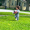 activity, casual_clothing, child, curious, curly_hair, daytime, footwear, grass, greenery, house, lawn, outdoor, person, playing, side_view, street, toddler, tree, volleyball, young_child