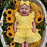 baby, infant, smiling, yellow_dress, bow, wicker_basket, sunflowers, flowers, greenery, outdoor, cute, happy, portrait, child, nature, summer, blanket, feet, headband, flower_arrangement
