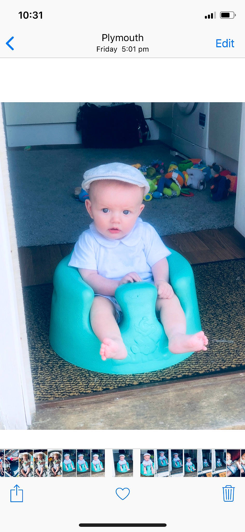 Theo  is registered to the contest to win money with this photo: baby, child, fondant, person, sitting, toddler, turquoise