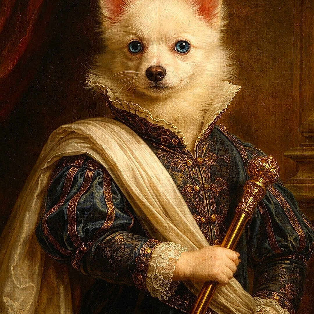 Kaky participe au concours pour gagner de l'argent avec cette photo : dog, blue_eyes, regal, royal_clothing, scepter, portrait, historical_style, costume, lace, fabric, ceremonial, canine, dressed_up, noble, fancy, animal_portrait, luxury, old_style, indoor, artistic