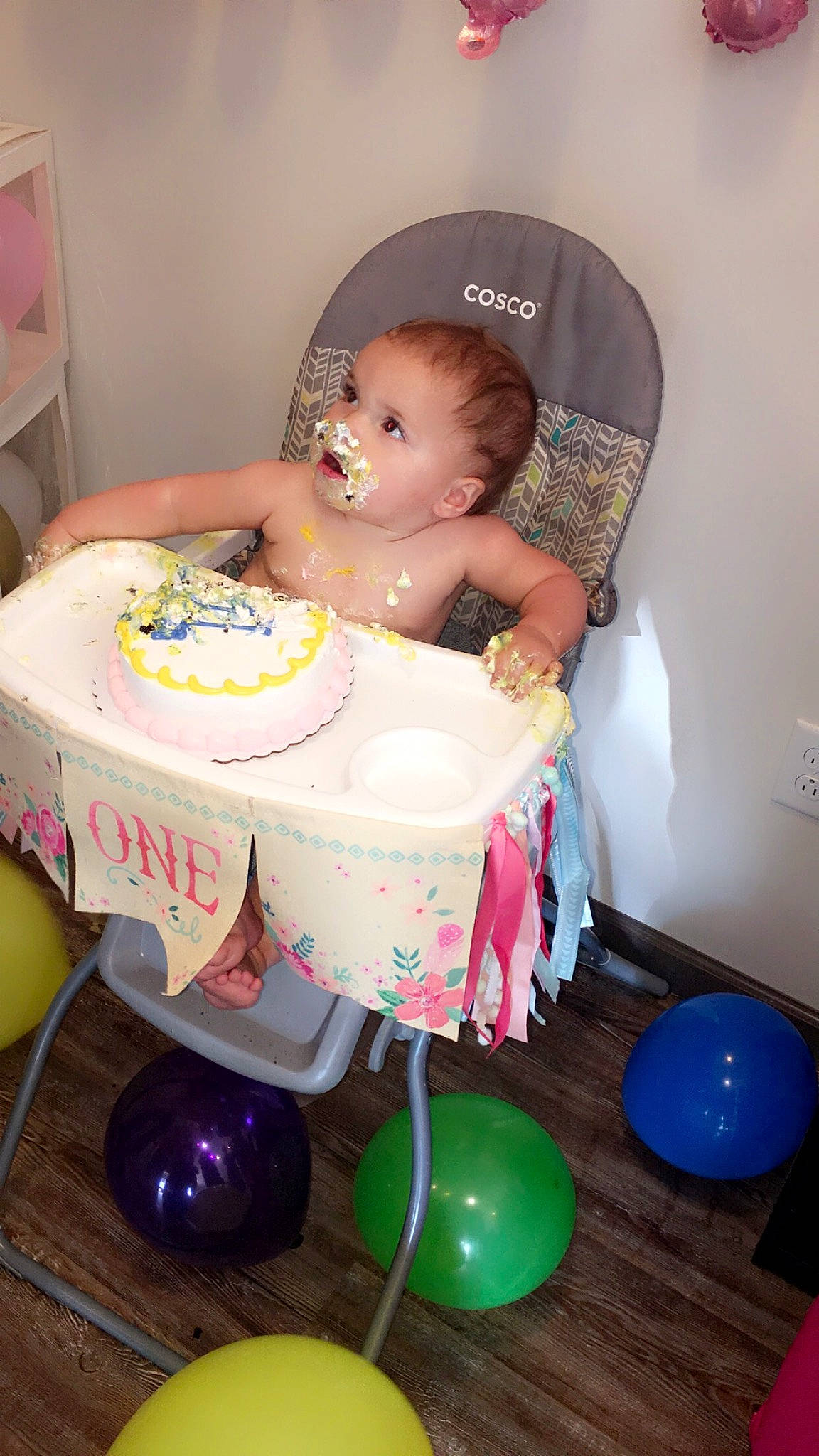 Izabella joined the competition — help win amazing prizes! baby, baby_products, baby_toddler_clothing, baby_toys, balloon, bathing, chair, child, event, flooring, fun, happy, icing, party_supply, person, pink, plastic, purple, room, sitting