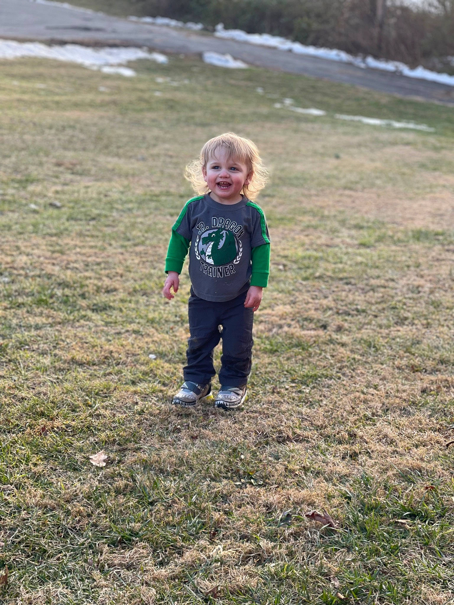 Finnegan is registered to the contest to win money with this photo: asphalt, child, fun, grass, grass_family, grassland, jeans, joy, landscape, lawn, people_in_nature, person, plain, plant, recreation, smile, soil, t_shirt, toddler, tree
