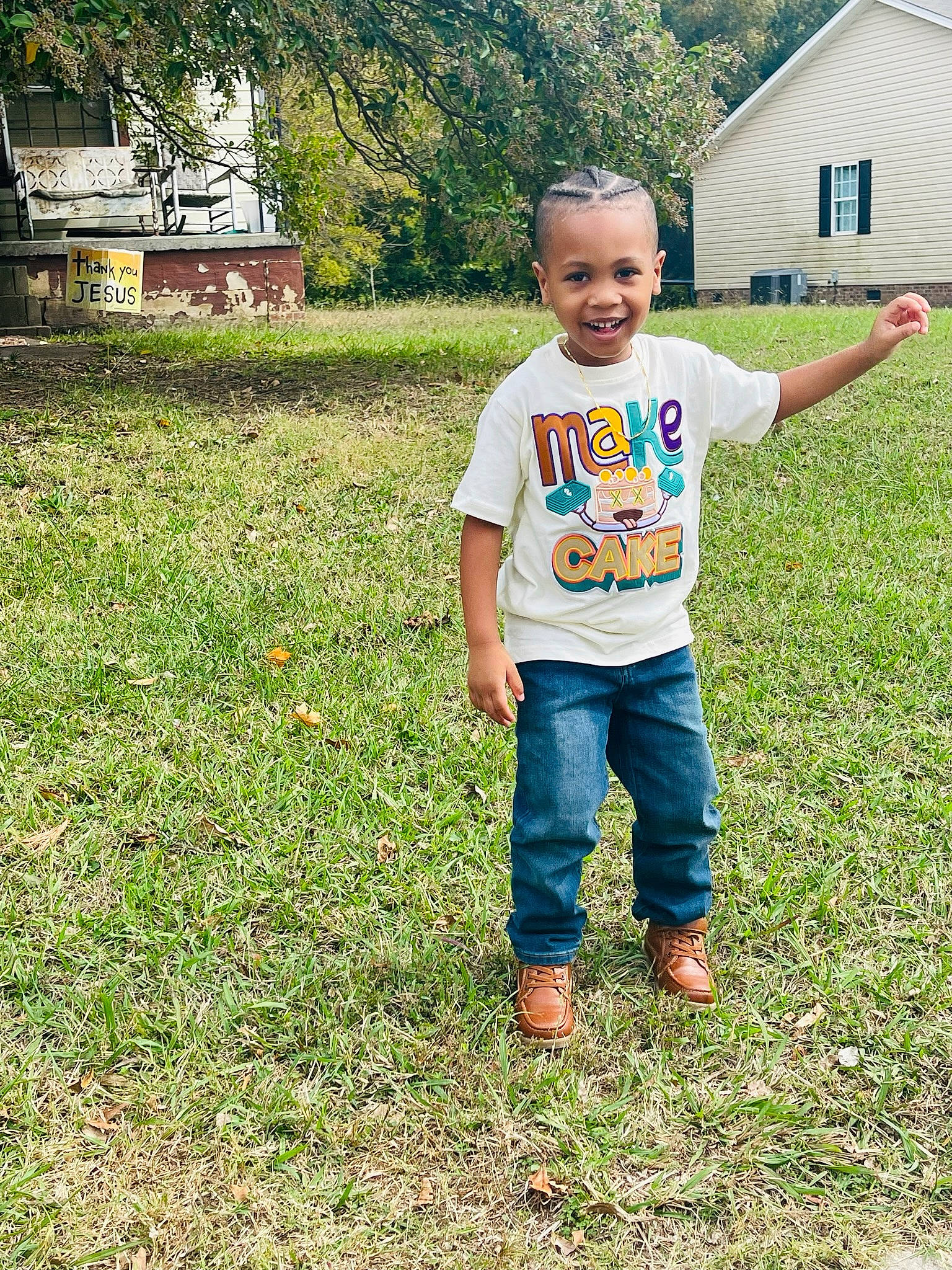 Prince is registered to the contest to win money with this photo: baby_toddler_clothing, child, denim, field, fun, garden, grass, grassland, happy, joy, landscape, lawn, leisure, meadow, people_in_nature, person, plant, smile, soil, t_shirt