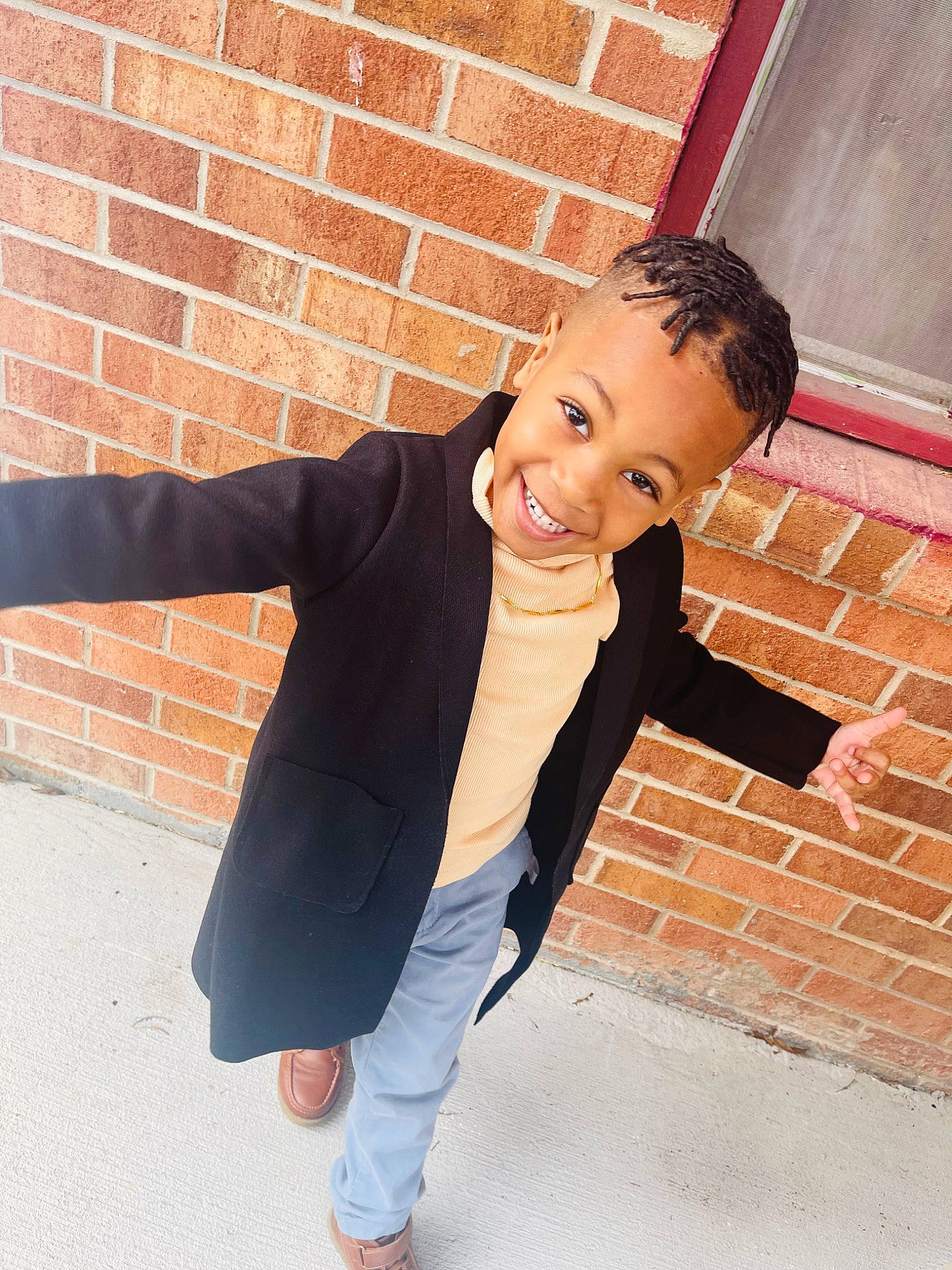 Prince joined the competition — help win amazing prizes! black_hair, blazer, brick, brickwork, child, denim, dress_shirt, flash_photography, flooring, formal_wear, fun, gesture, happy, human_body, joy, knee, neck, person, sleeve, smile