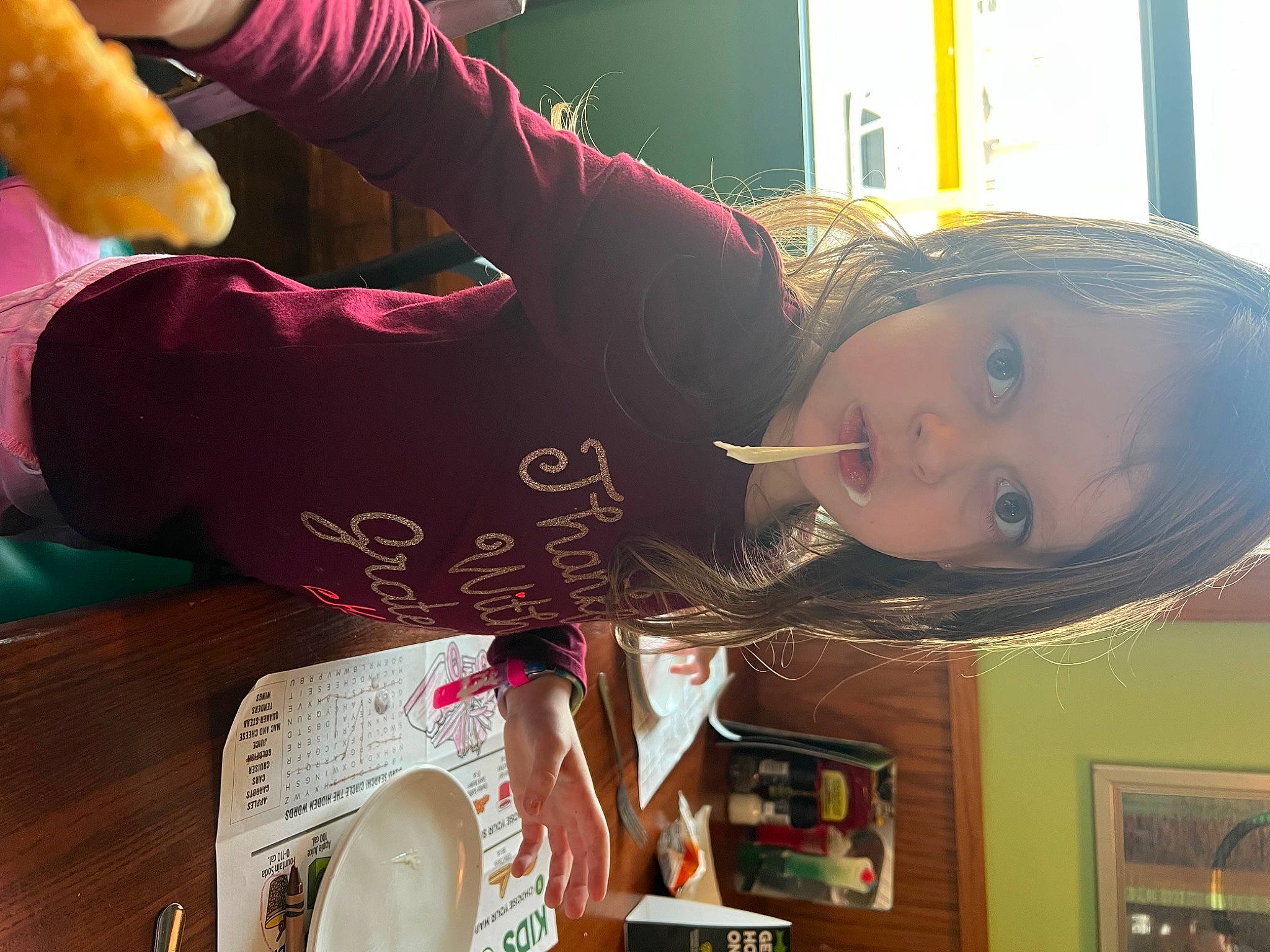 Addilynn joined the competition — help win amazing prizes! bangs, black_hair, child, comfort_food, fun, gesture, hair_coloring, happy, human_leg, nail, person, photography, picture_frame, room, t_shirt, table, toddler, visual_arts