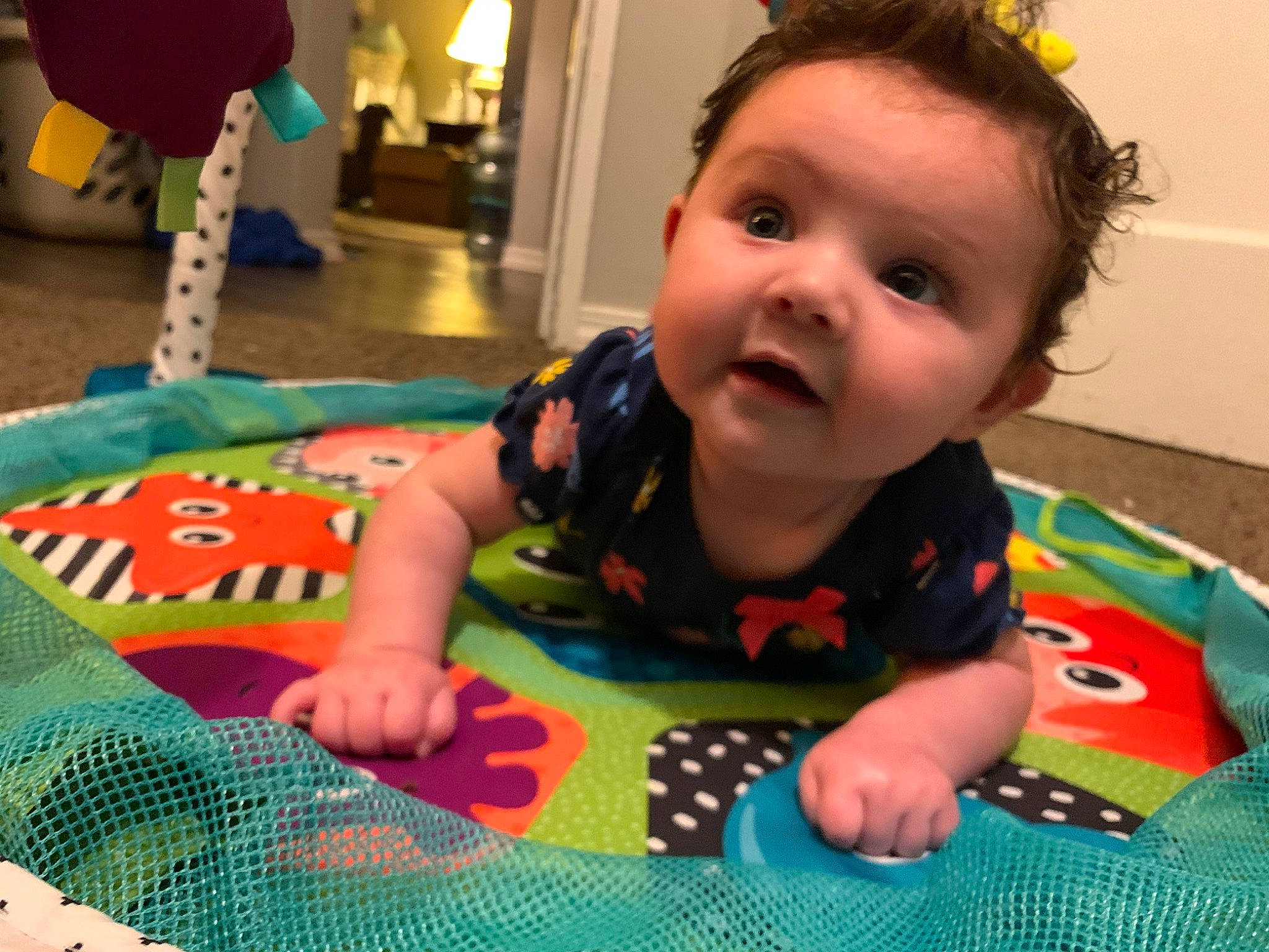 Kyndall is registered to the contest to win money with this photo: baby, baby_products, baby_toys, child, fun, games, leisure, person, play, playmat, product, room, sitting, surprise, textile, toddler, toy, tummy_time