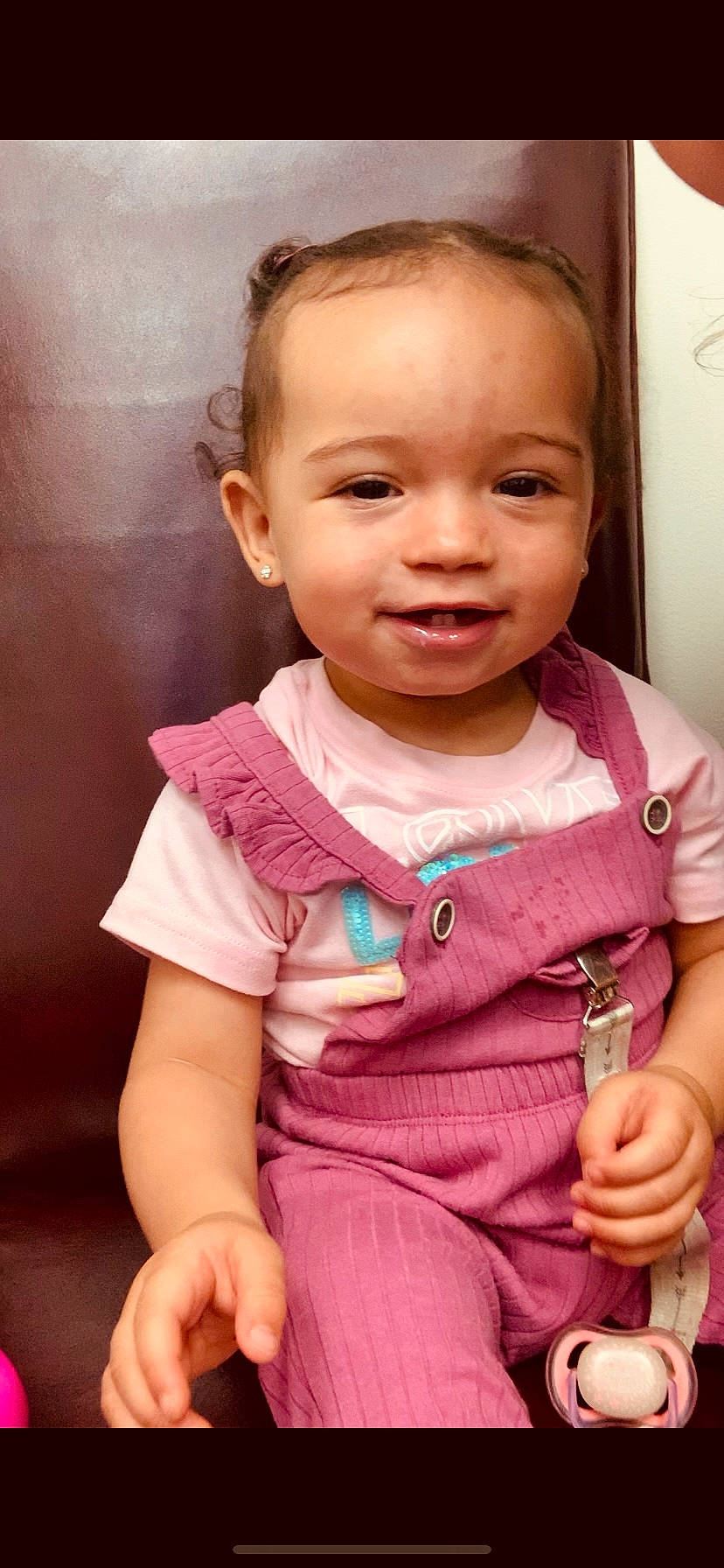 Gabrielle joined the competition — help win amazing prizes! baby_toddler_clothing, cheek, chin, dress, eye, eyelash, face, gesture, happy, head, iris, joy, lip, mouth, neck, nose, person, pink, skin, sleeve