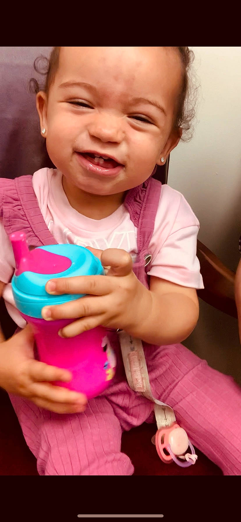 Gabrielle joined the competition — help win amazing prizes! baby, baby_toddler_clothing, cheek, child, facial_expression, finger, fun, gesture, hand, happy, human_body, mouth, nose, person, pink, skin, smile, thumb, toddler, white
