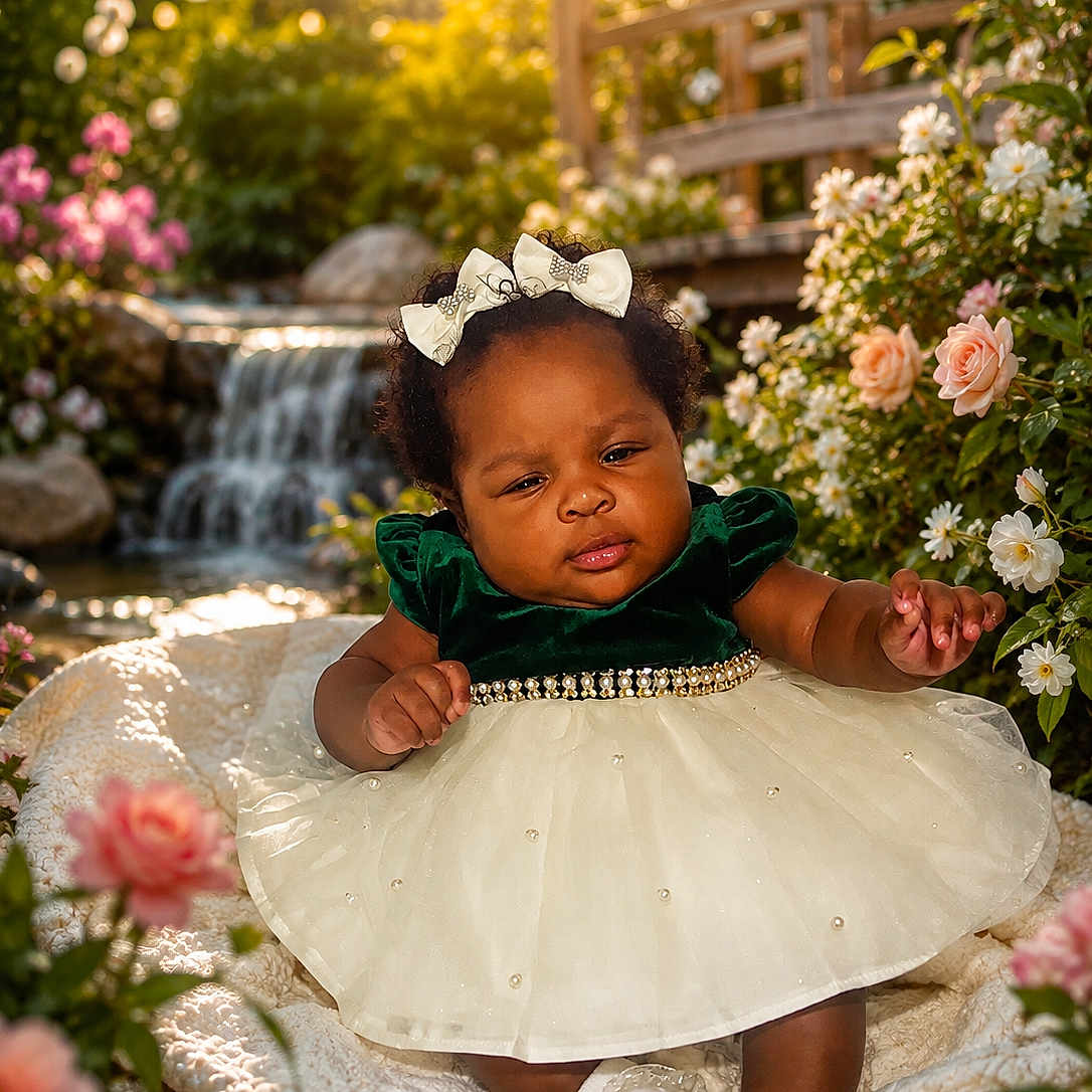 Khazaria is registered to the contest to win money with this photo: baby, child, dress, bow, blanket, flowers, nature, waterfall, sunlight, outdoor, garden, cute, portrait, smiling, green, white, socks, peaceful, summer, scenic