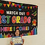 achievement, apple, backpack, banner, bus, celebration, certificate, child, classroom, colorful, congratulations, education, first_grade, happy, pencil, person, poster, school, smiling, wall