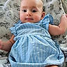 Amelia is registered to the contest to win money with this photo: baby, infant, blue_dress, striped_dress, blanket, soft_texture, laying_down, cute, face, smile, skin, arm, leg, indoors, comfort, child, portrait, young, person, cozy