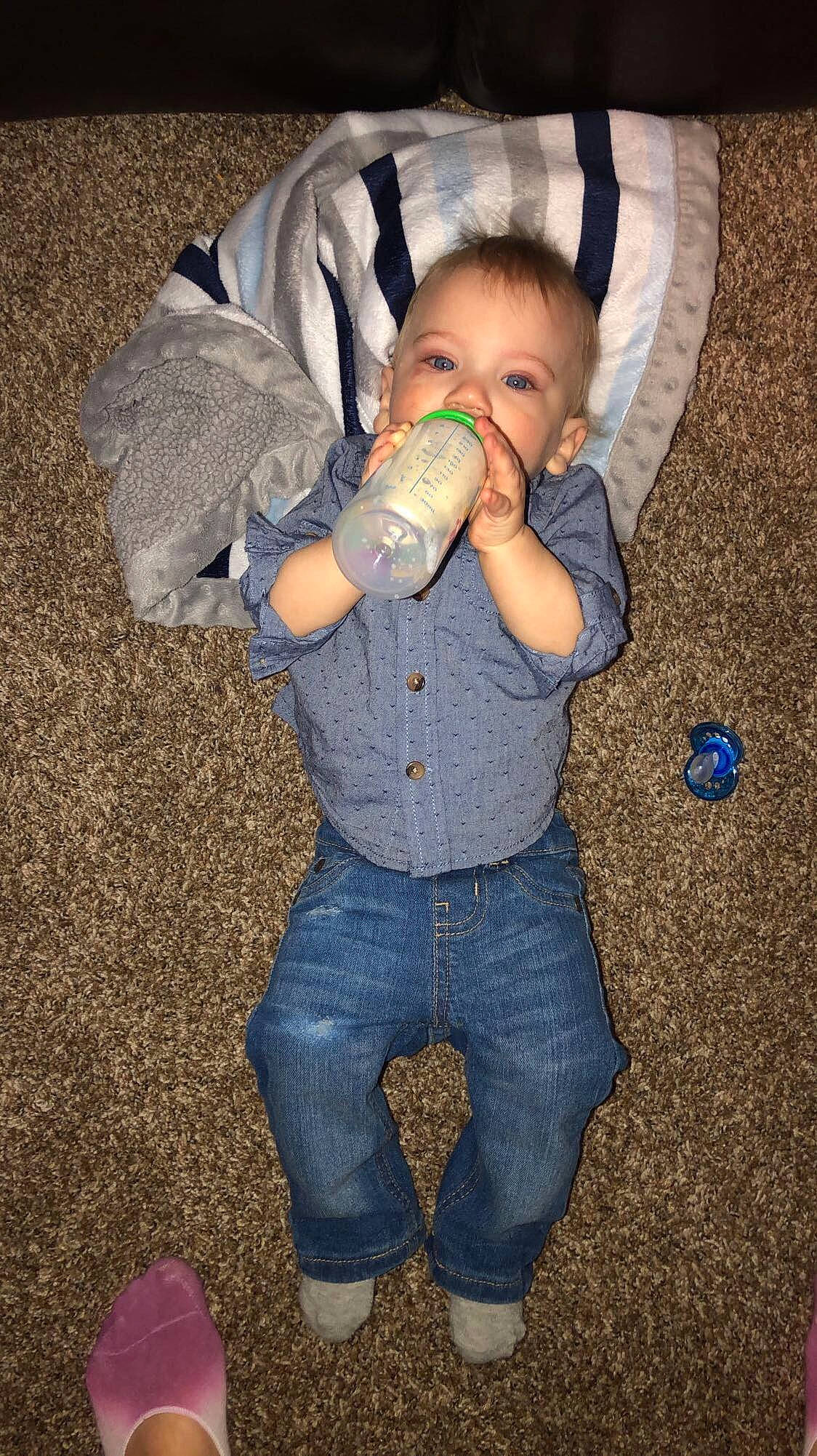 Blayne joined the competition — help win amazing prizes! blue, boy, child, cool, eye, fun, girl, human, infant, jeans, mammal, organ, person, play, product, sitting, skin, smile, textile, toddler