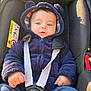 baby, baby_boy, blue_clothing, car_seat, casual, child, cute, face, fuzzy_jacket, hands, hoodie, infant, infant_care, outdoor_light, portrait, safety_straps, seatbelt, toddler, warm_clothing, young_child