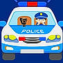 animal, animated, blue, cartoon, dog, driver, funny, humor, illustration, law_enforcement, mixed_media, pet, police_car, police_officer, real_dog, red_light, vehicle, white, window, yellow_light